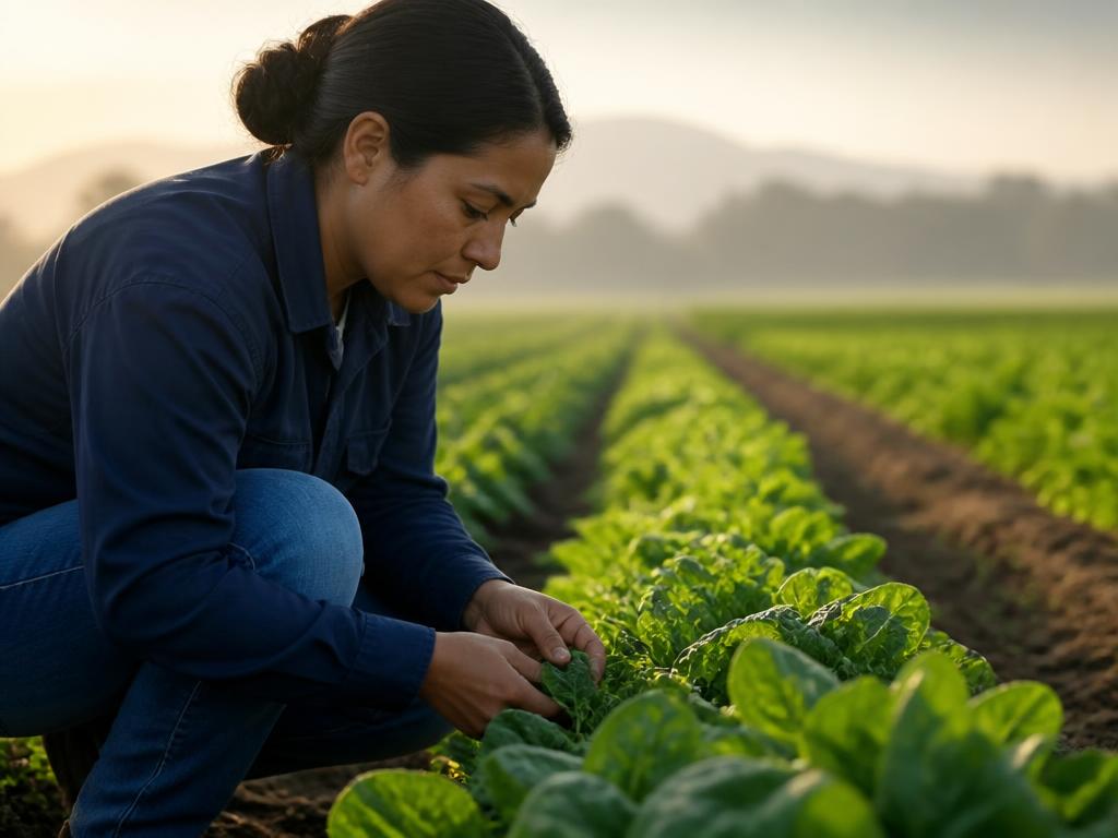 Trabajadora agrícola revisando el cultivo en una explotación